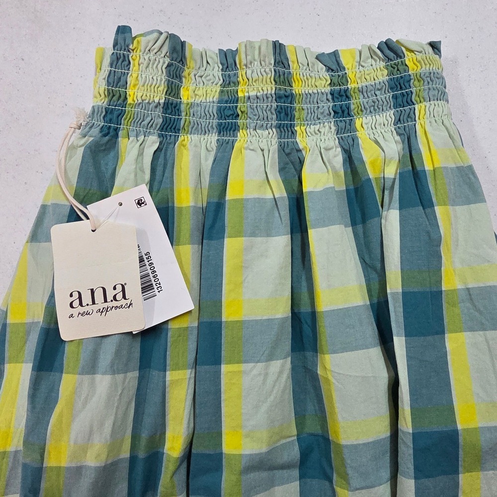 a.n.a A New Approach Womens 2X Plaid Smocked Waist Midi Skirt Blue Yellow NWT